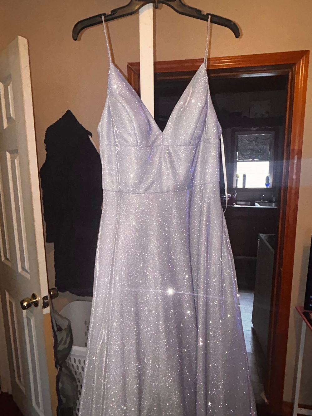 Camille La Vie Glittery Light Lavender Spaghetti Strap Prom Dress